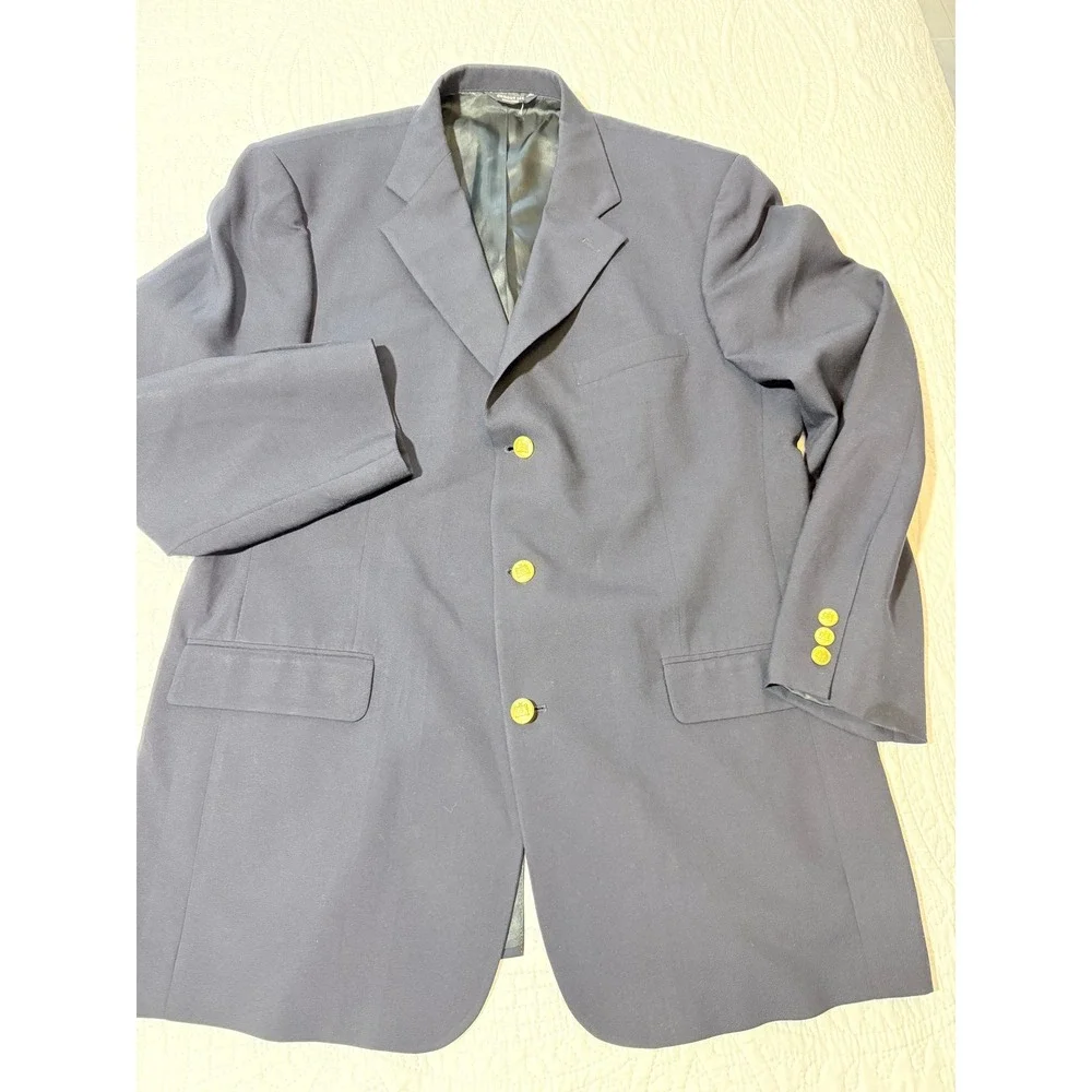 Brooks 346 Mens Blazer Jacket Size 44 LG Navy Blue Gold Buttons Worsted‎ Wool